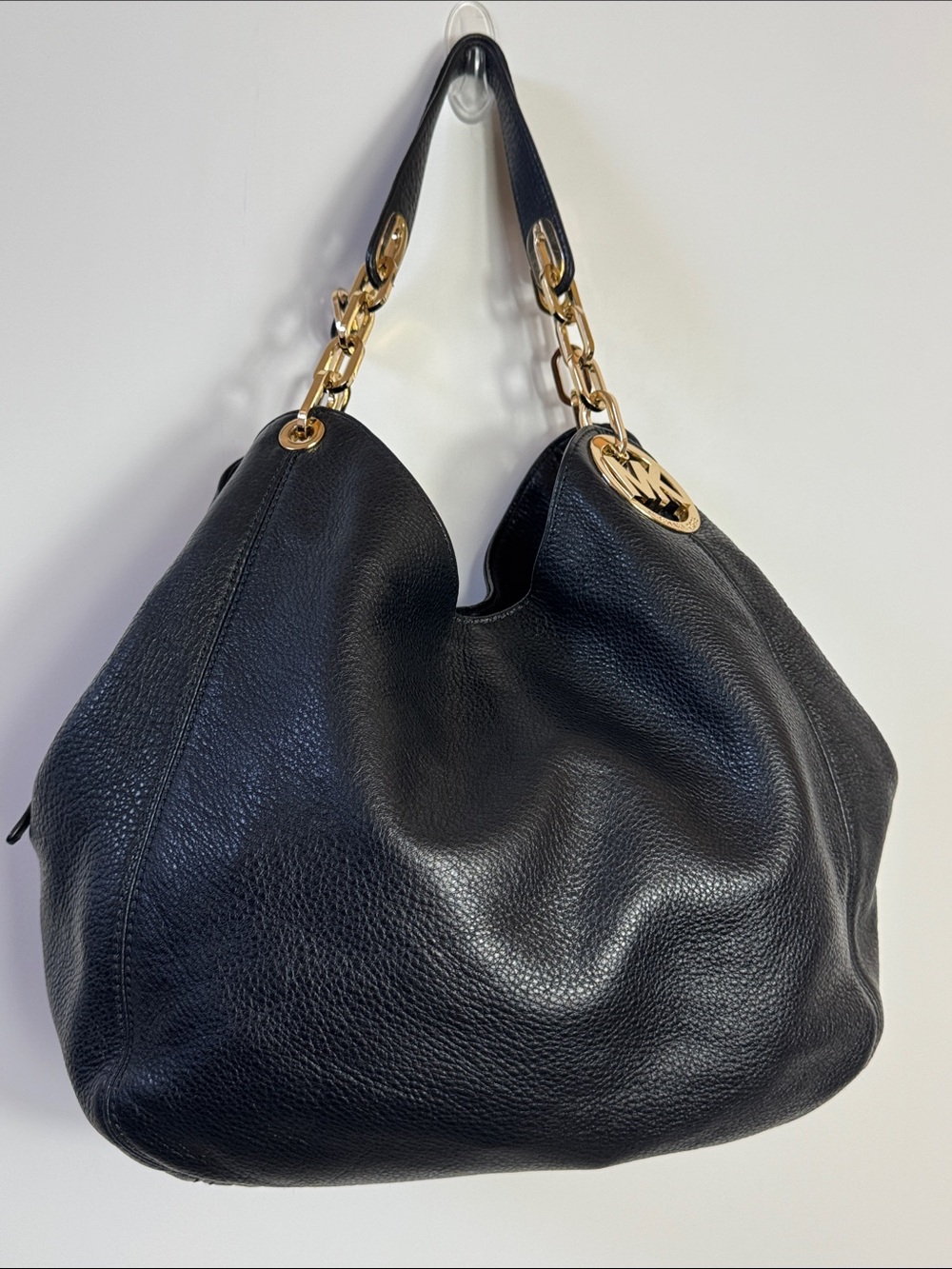 Michael Kors Black Pebbled Leather Hobo with Gold-Tone Chain Strap